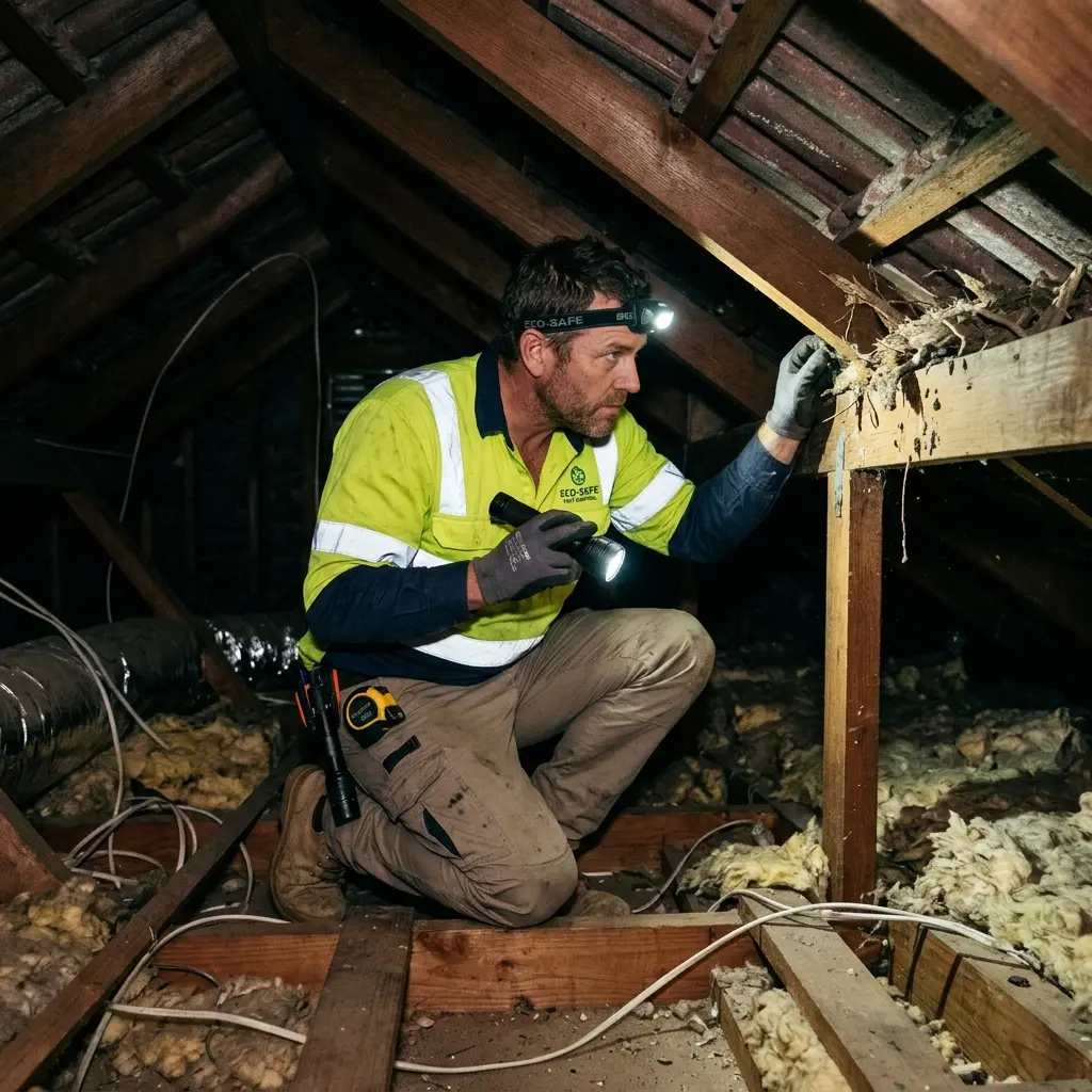 Technician inspecting a roof cavity for a dead animal in Blackburn
