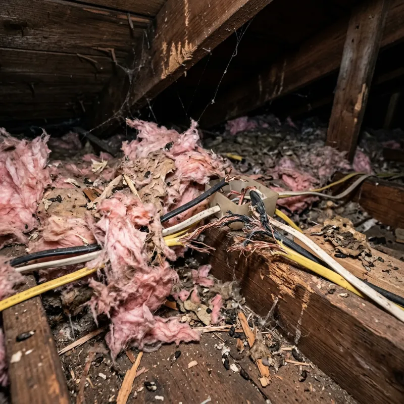 Contaminated ceiling insulation being assessed in a Blackburn roof space